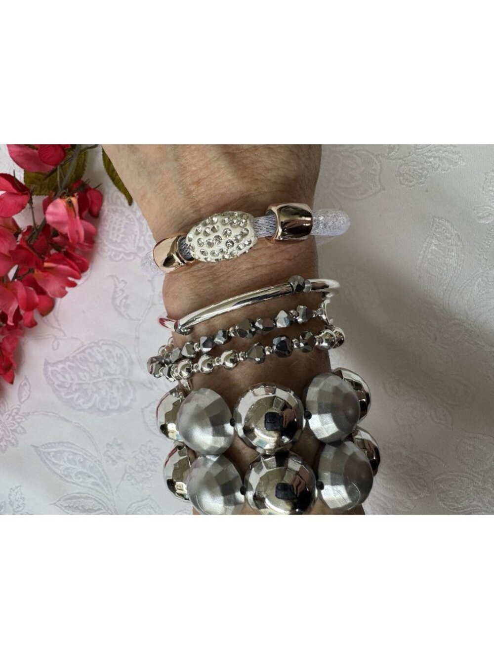 Nine West 5 Piece Bracelet Silver Gold Tone Wide Cuff Bangle Chunky Beaded NEW